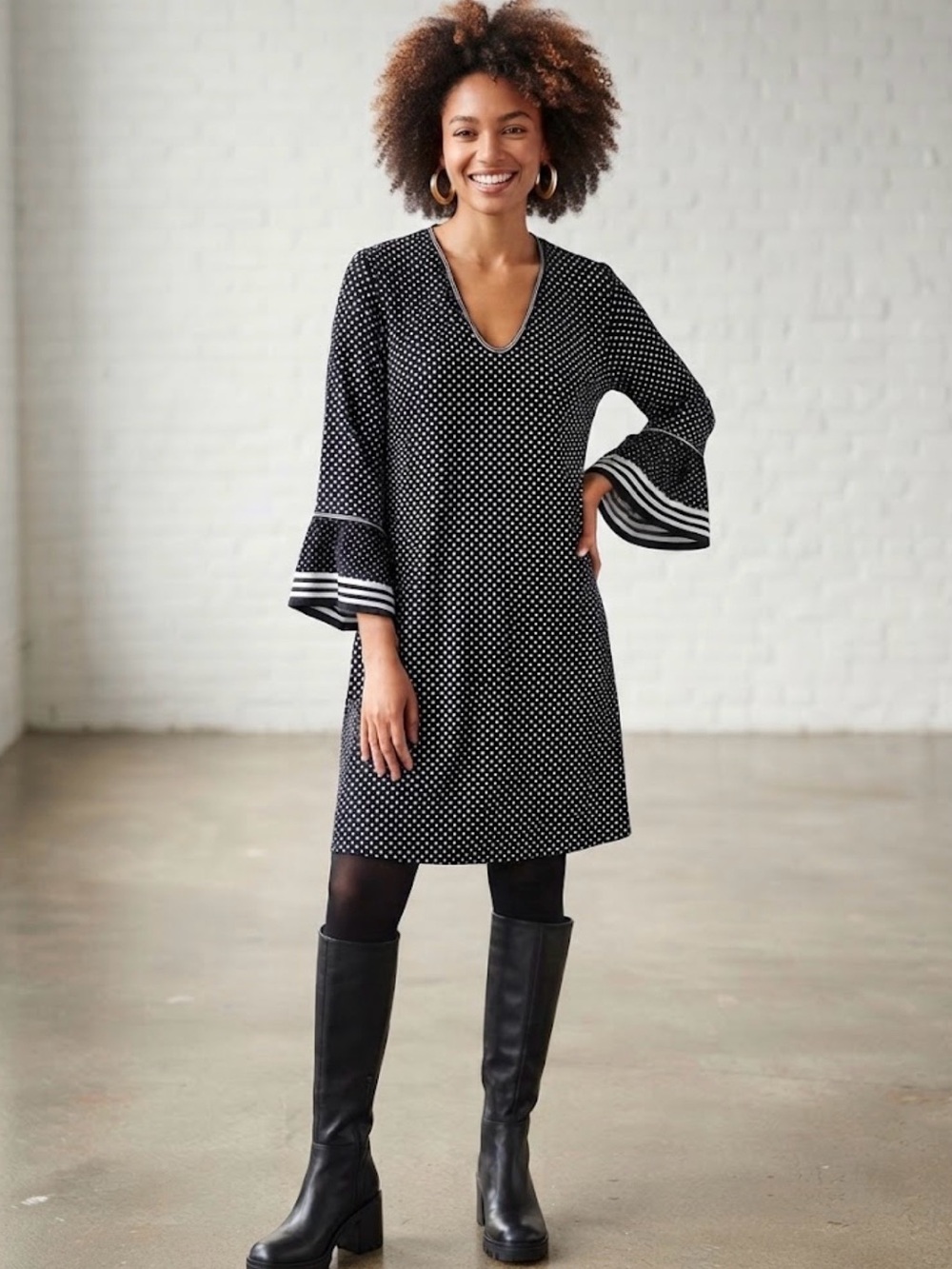 Max Studio Polka Dot Bell Sleeve Shift Dress Size Large NWOT